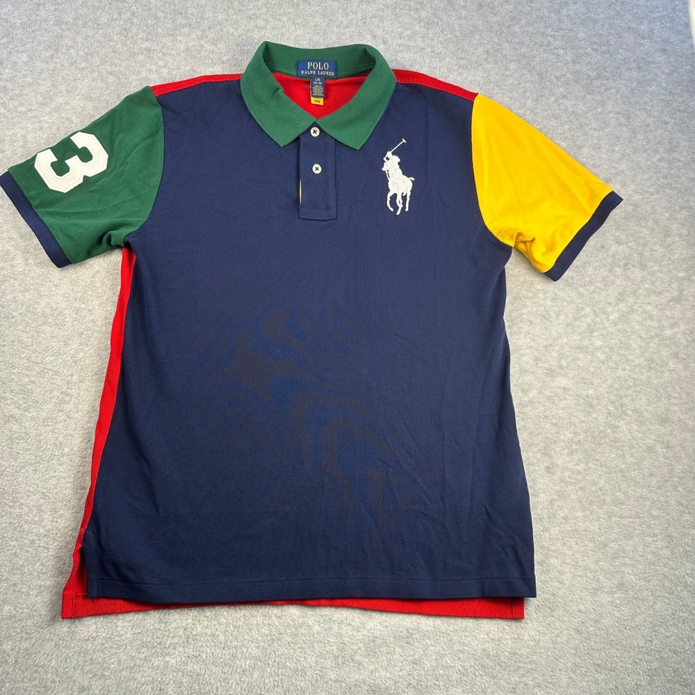 Polo Ralph Lauren Kids Big Pony Colorblock Mesh Polo Shirt Navy Red L 14-16 NWOT